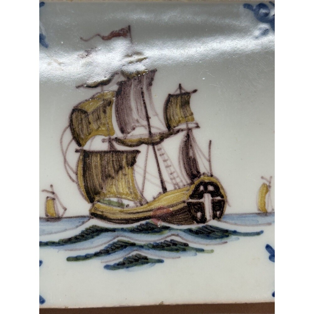 Vintage Royal Tichelaar Makkum Dutch Delft Tile Hand Painted Sailing Ship GM 4x4 - Picture 3 of 8